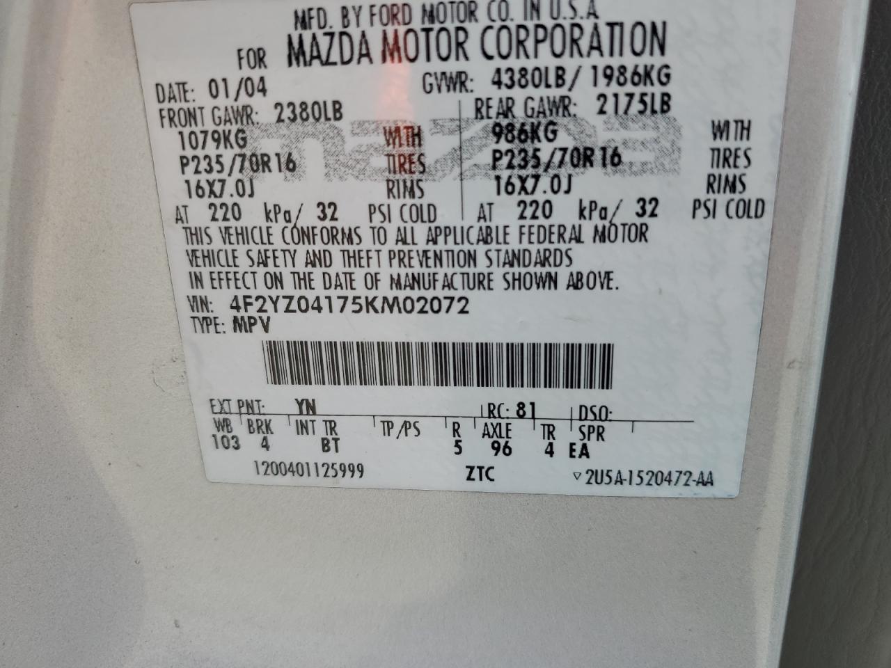 2005 Mazda Tribute S VIN: 4F2YZ04175KM02072 Lot: 66888615