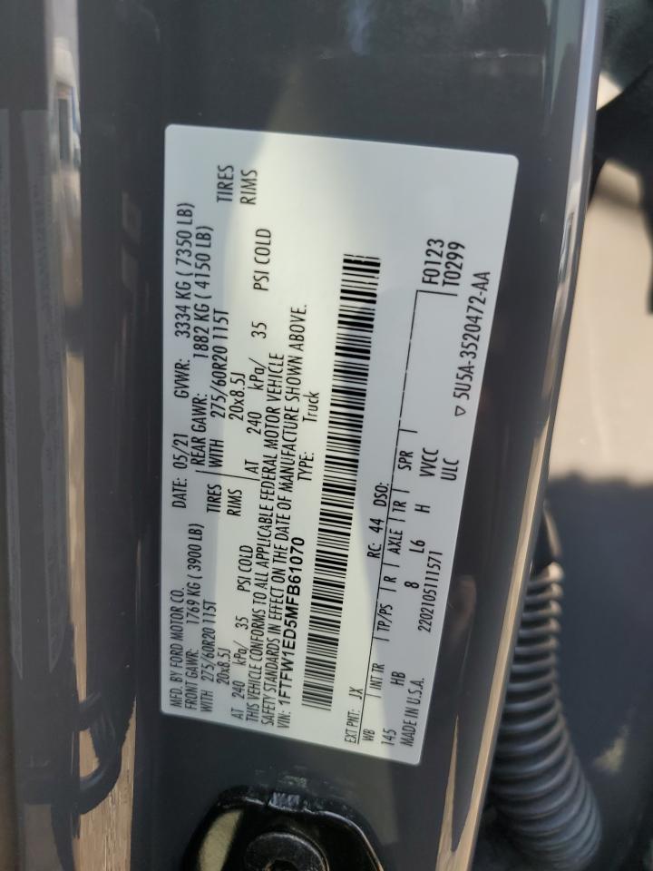 2021 Ford F150 Supercrew VIN: 1FTFW1ED5MFB61070 Lot: 68638565