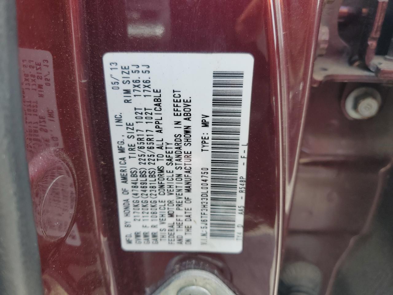 2013 Honda Crosstour Ex VIN: 5J6TF3H33DL004750 Lot: 70849535