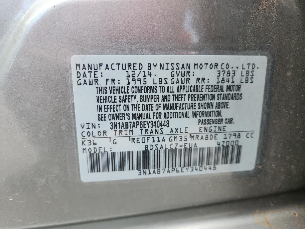 2014 Nissan Sentra S VIN: 3N1AB7AP6EY340448 Lot: 70668115