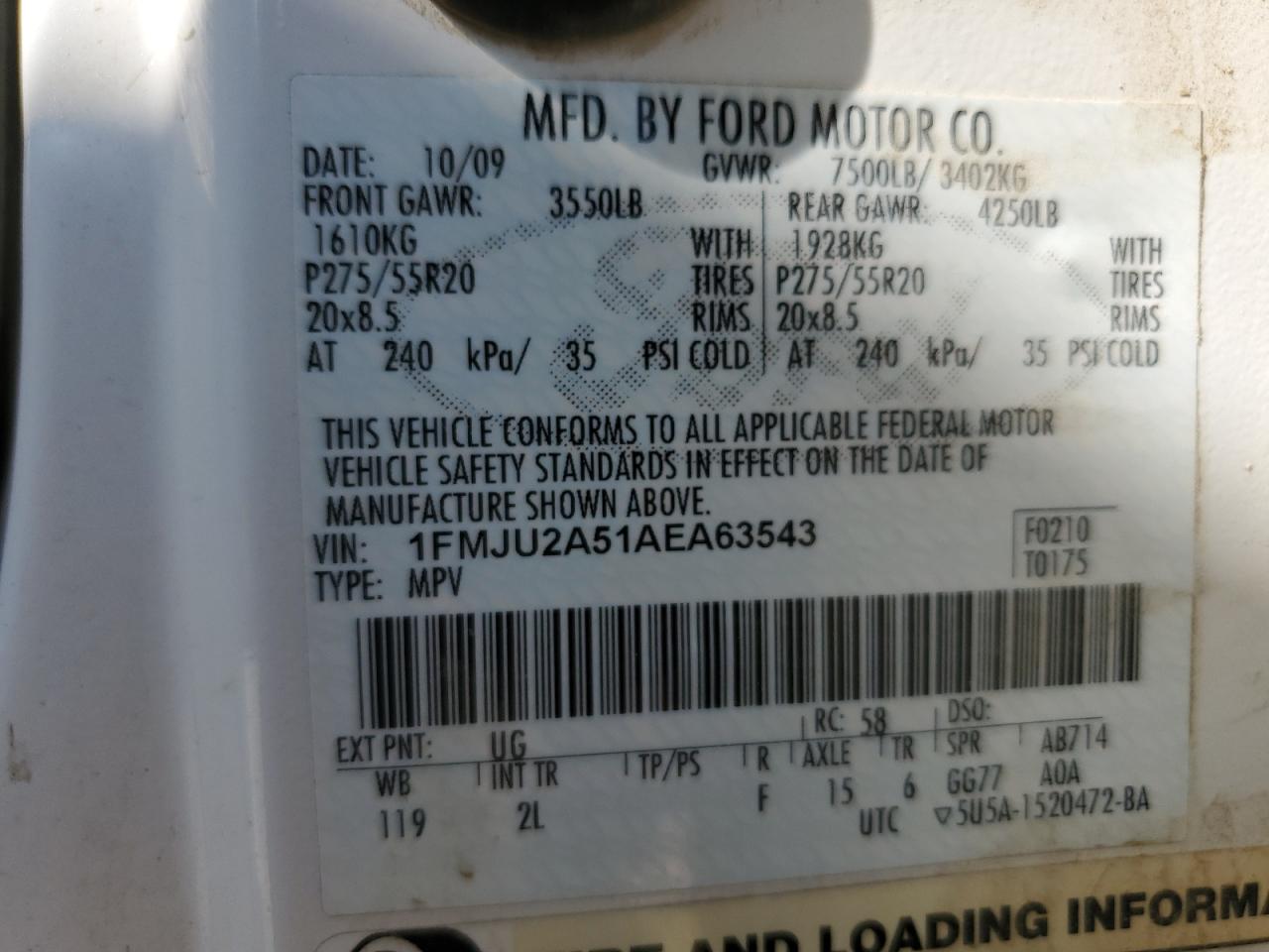 2010 Ford Expedition Limited VIN: 1FMJU2A51AEA63543 Lot: 70368355