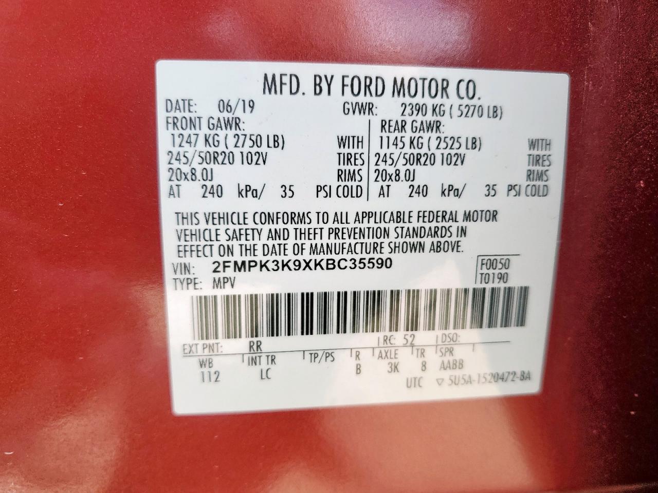 2019 Ford Edge Titanium VIN: 2FMPK3K9XKBC35590 Lot: 70412845