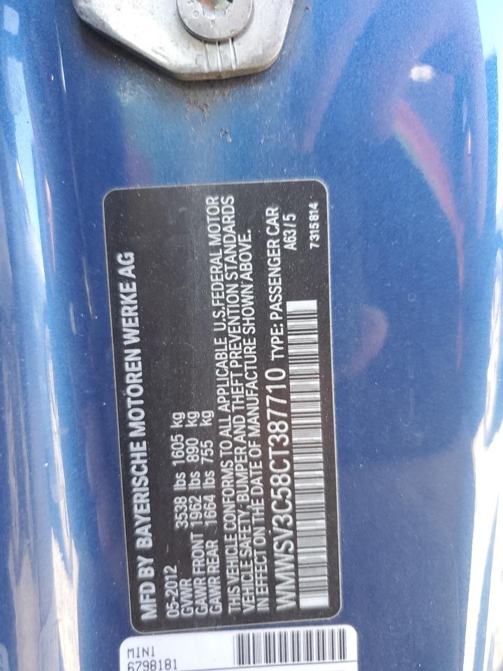 2012 Mini Cooper S VIN: WMWSV3C58CT387710 Lot: 65290615