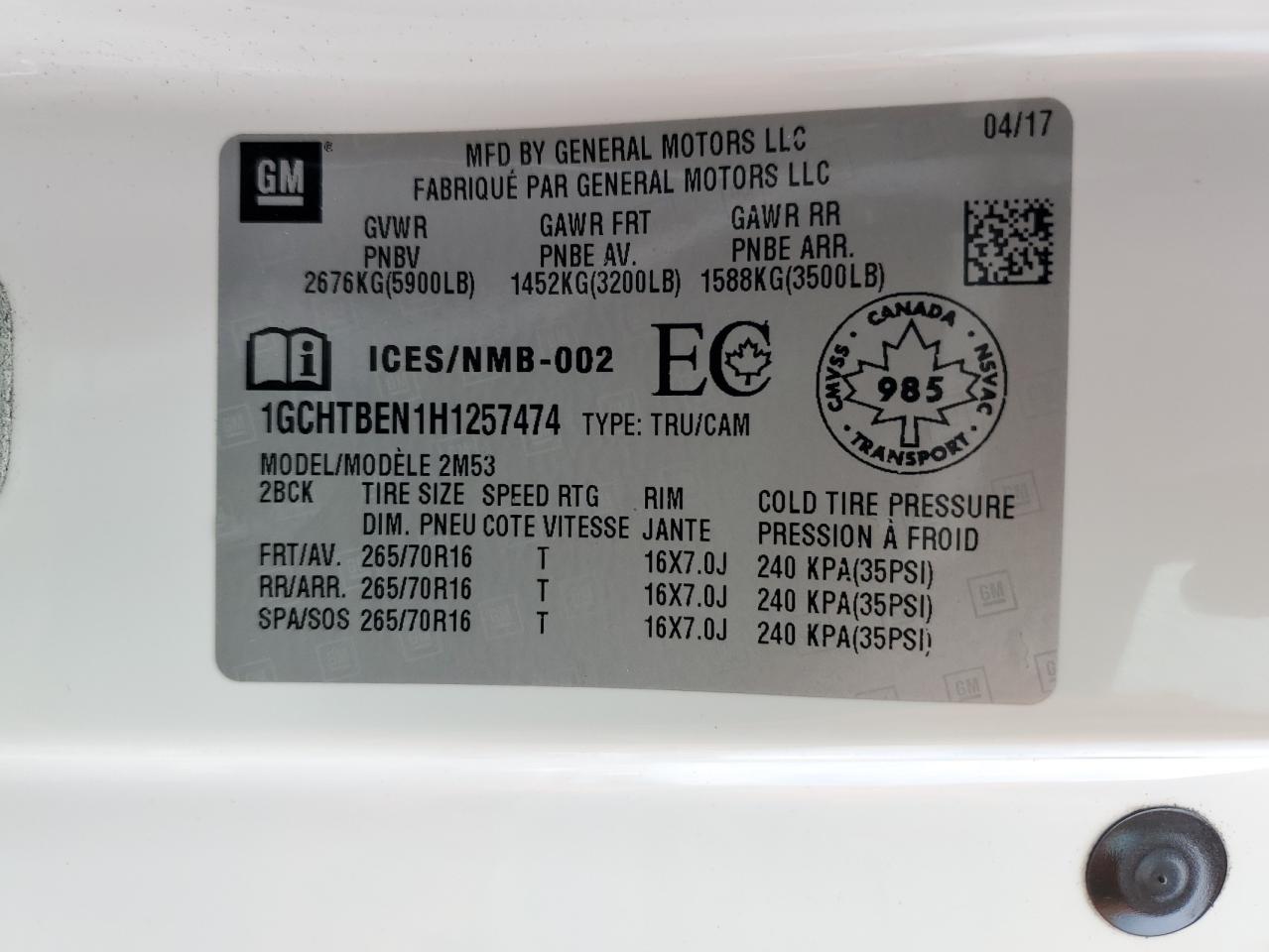 2017 Chevrolet Colorado VIN: 1GCHTBEN1H1257474 Lot: 68154615