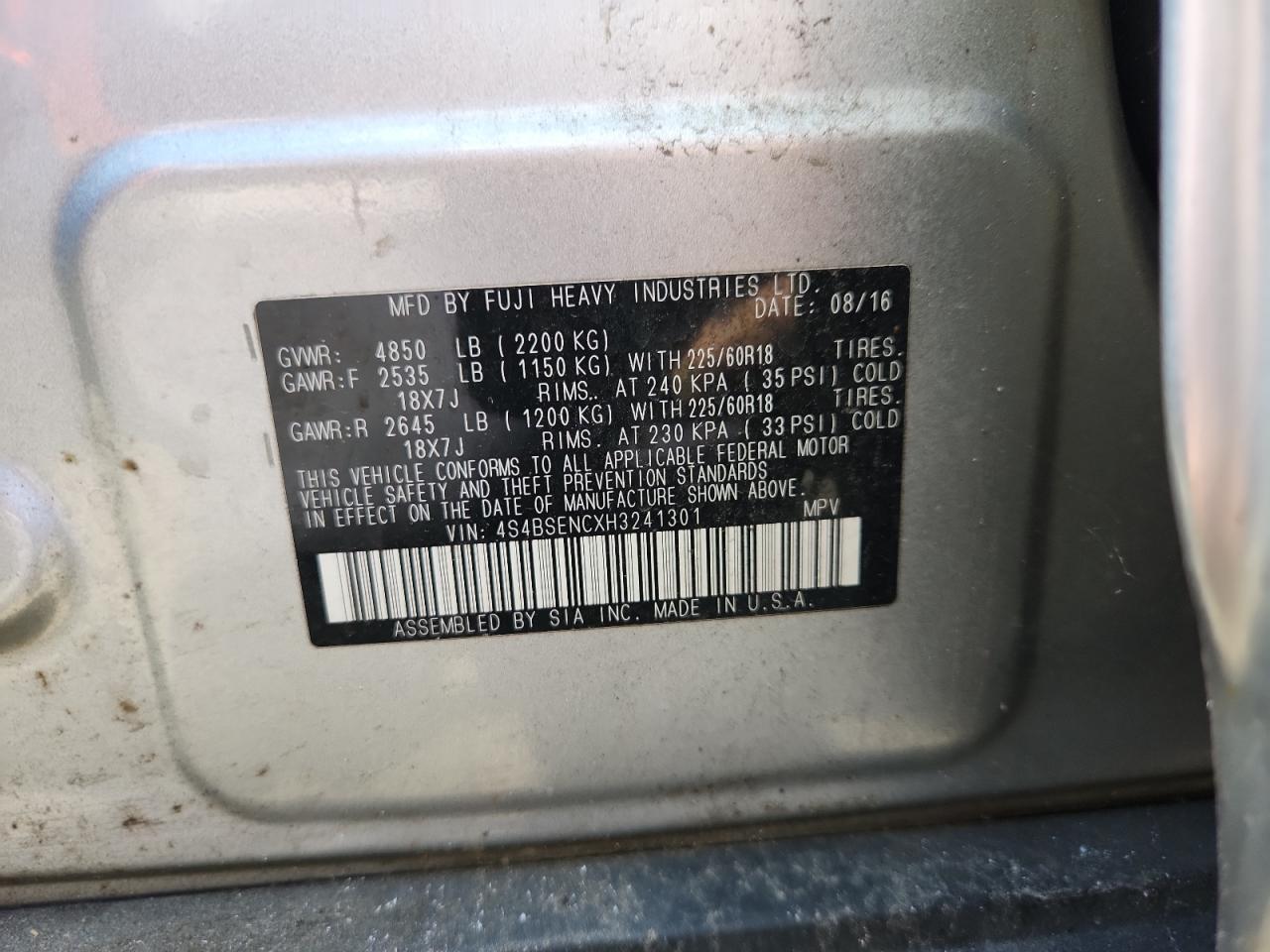 2017 Subaru Outback 3.6R Limited VIN: 4S4BSENCXH3241301 Lot: 70294425