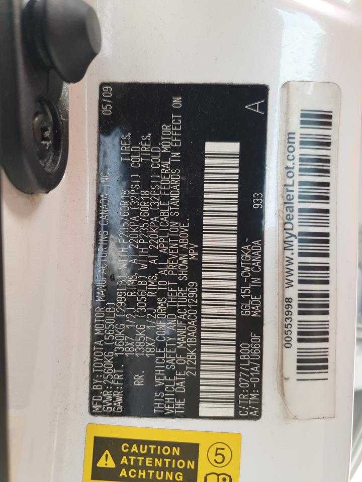 2010 Lexus Rx 350 VIN: 2T2BK1BA0AC012909 Lot: 67832405