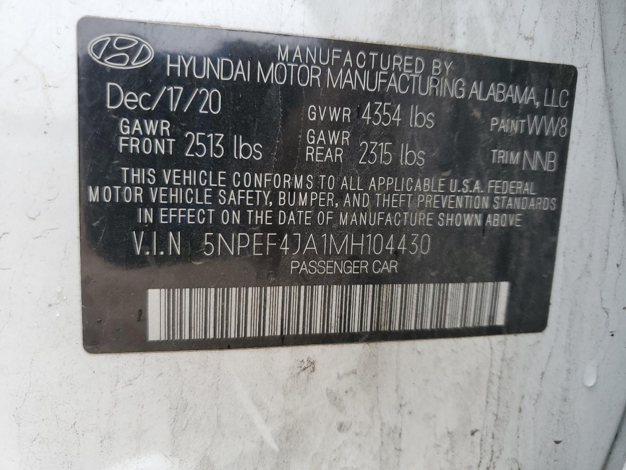 2021 Hyundai Sonata Sel VIN: 5NPEF4JA1MH104430 Lot: 69125495