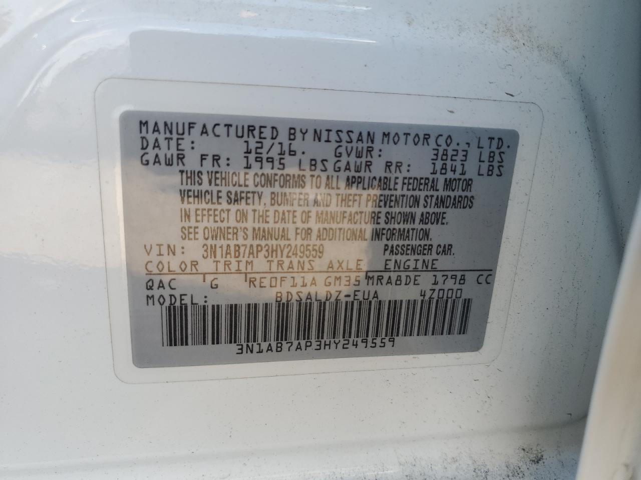 2017 Nissan Sentra S VIN: 3N1AB7AP3HY249559 Lot: 67740845