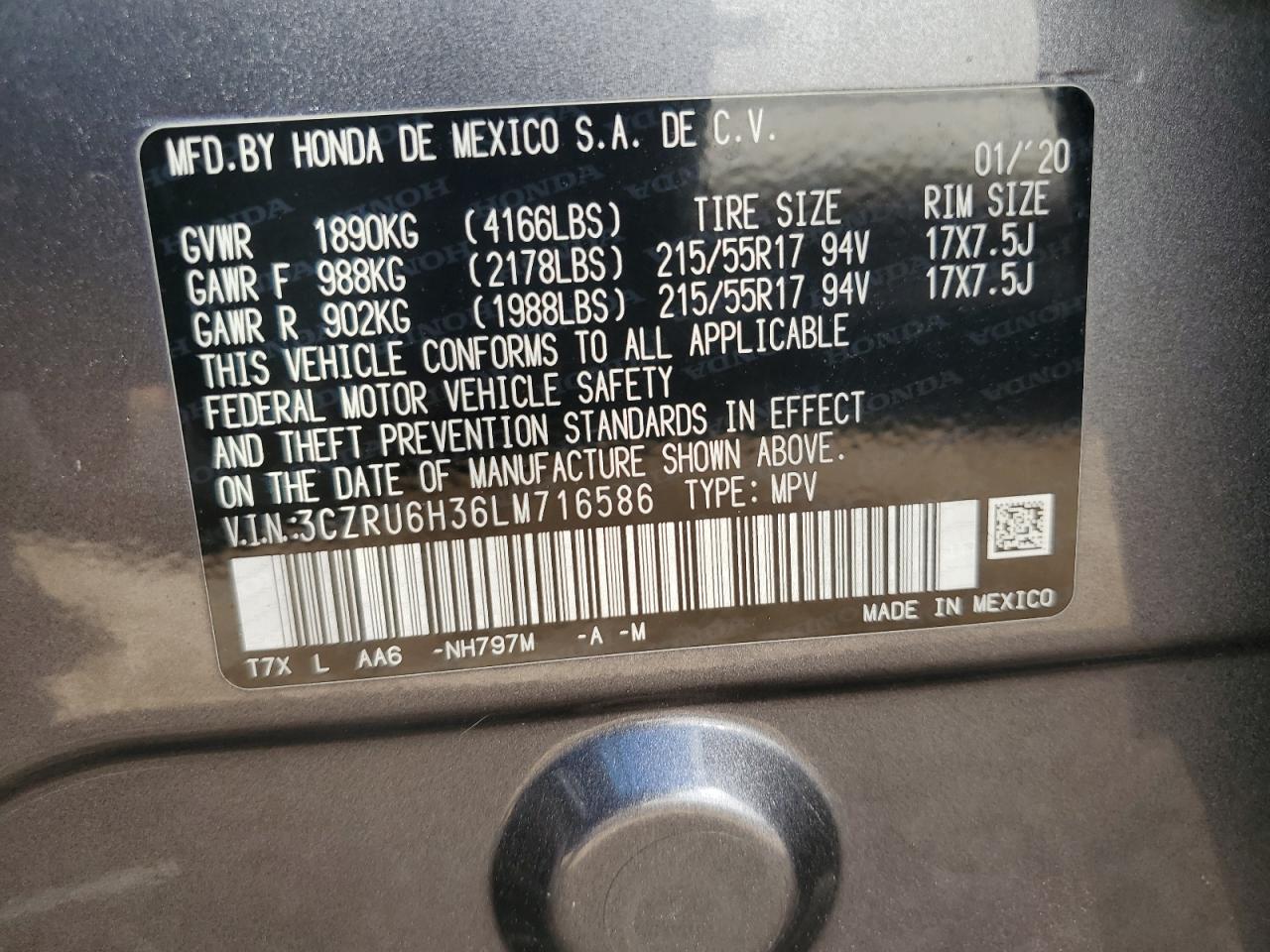 2020 Honda Hr-V Lx VIN: 3CZRU6H36LM716586 Lot: 70934745