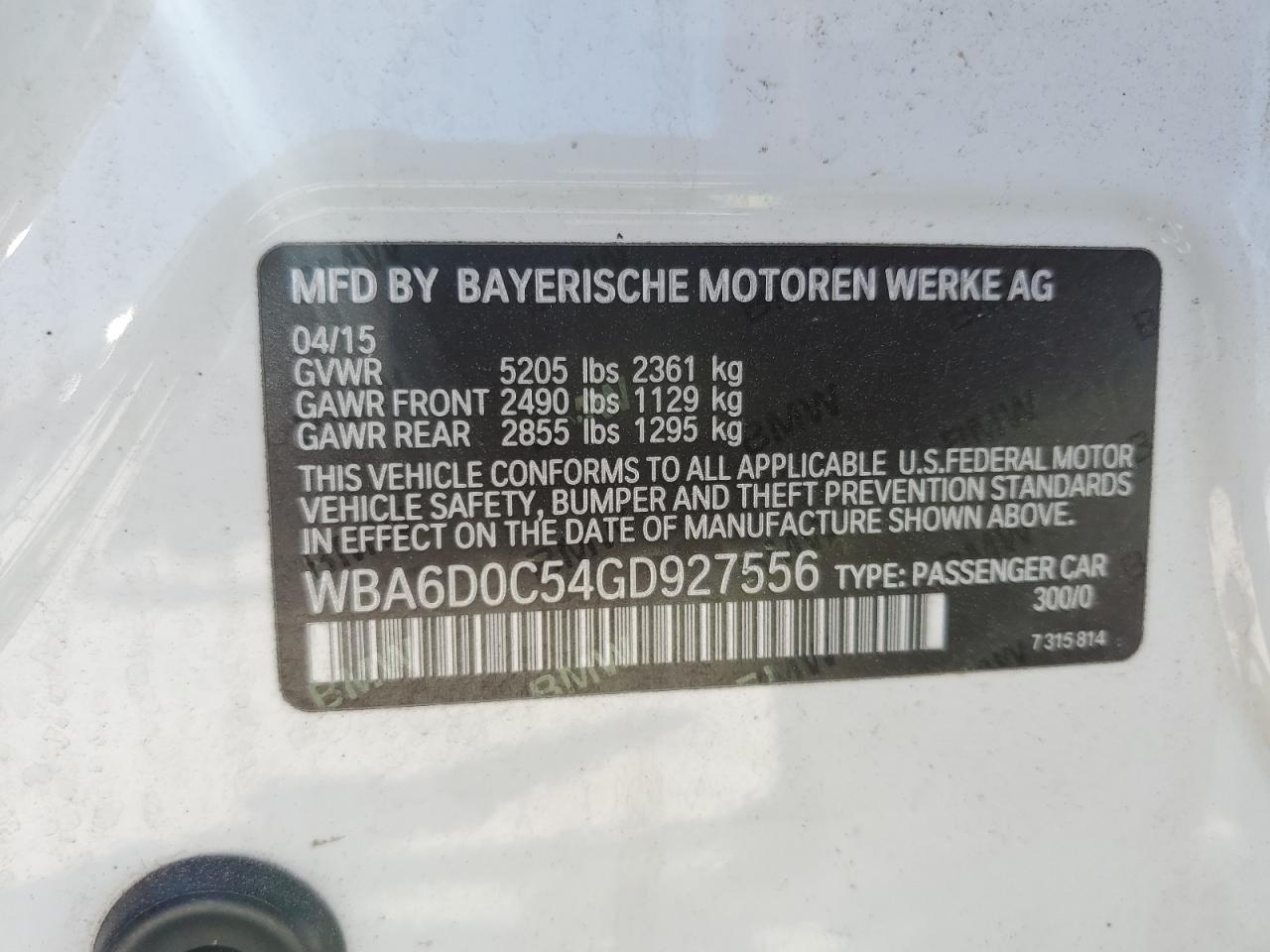 2016 BMW 640 I Gran Coupe VIN: WBA6D0C54GD927556 Lot: 70587315