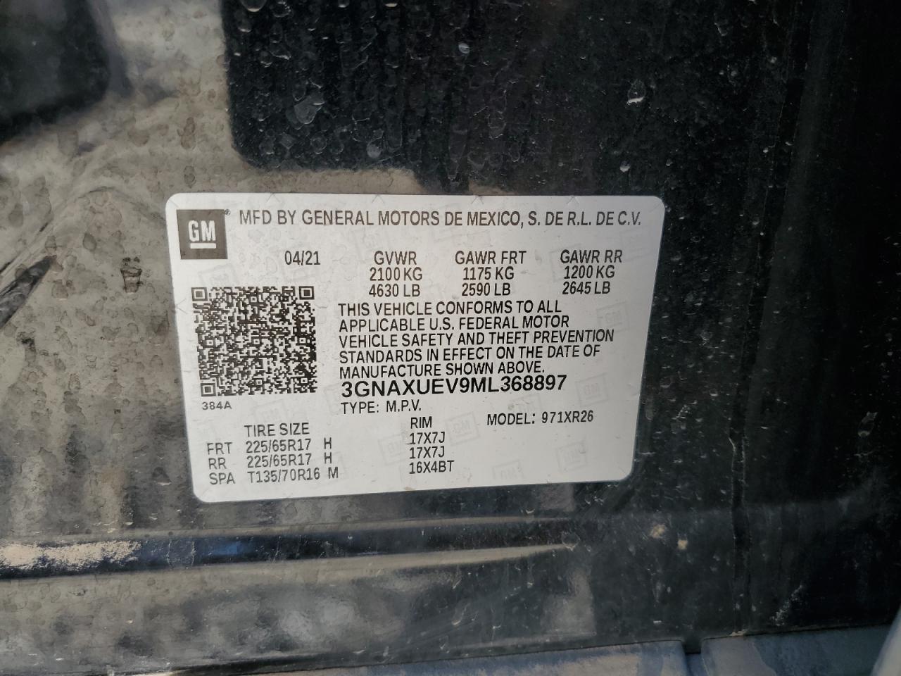 2021 Chevrolet Equinox Lt VIN: 3GNAXUEV9ML368897 Lot: 70459585