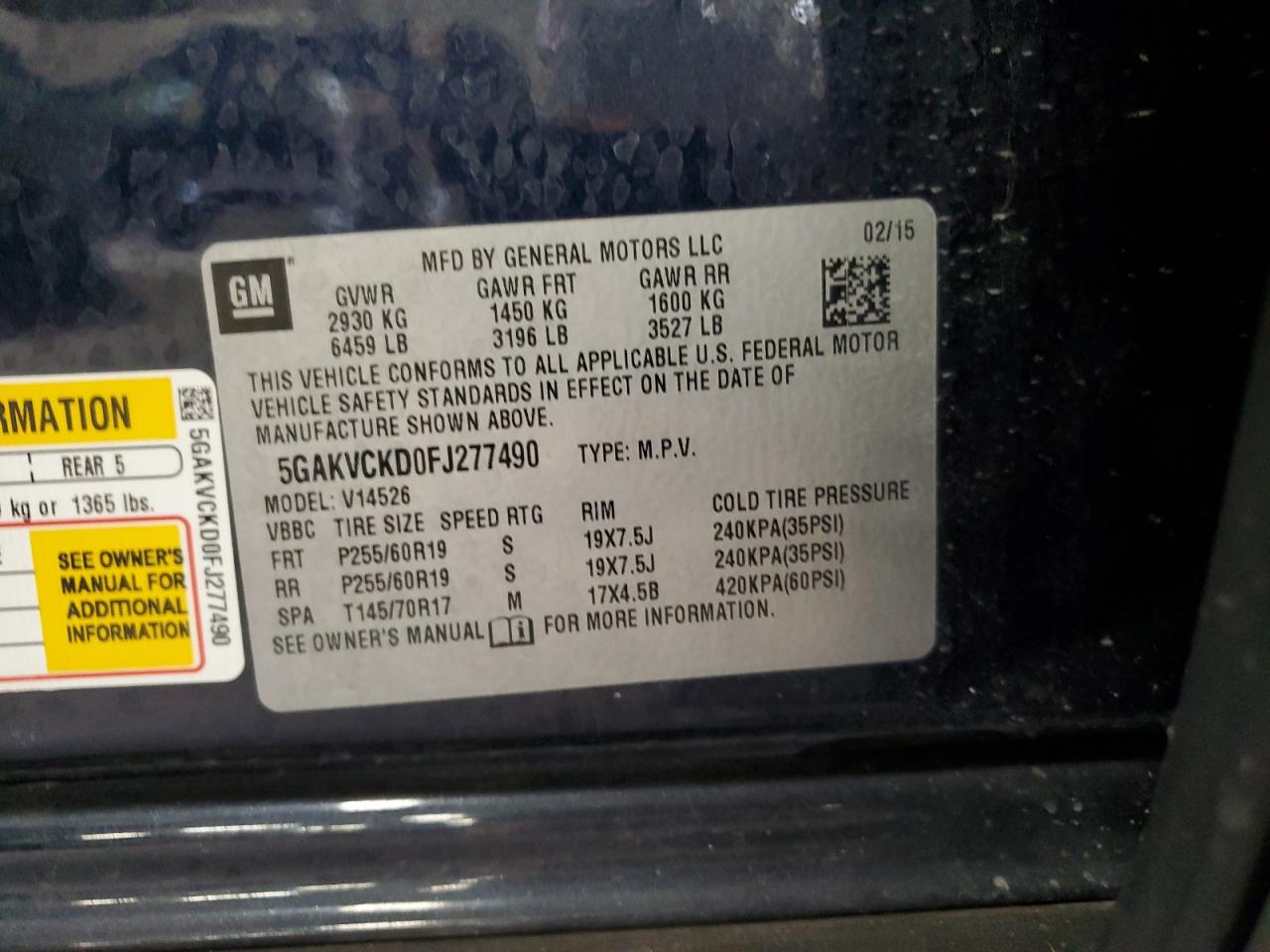 2015 Buick Enclave VIN: 5GAKVCKD0FJ277490 Lot: 70757235