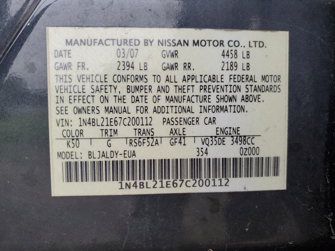 2007 Nissan Altima 3.5Se VIN: 1N4BL21E67C200112 Lot: 69779435