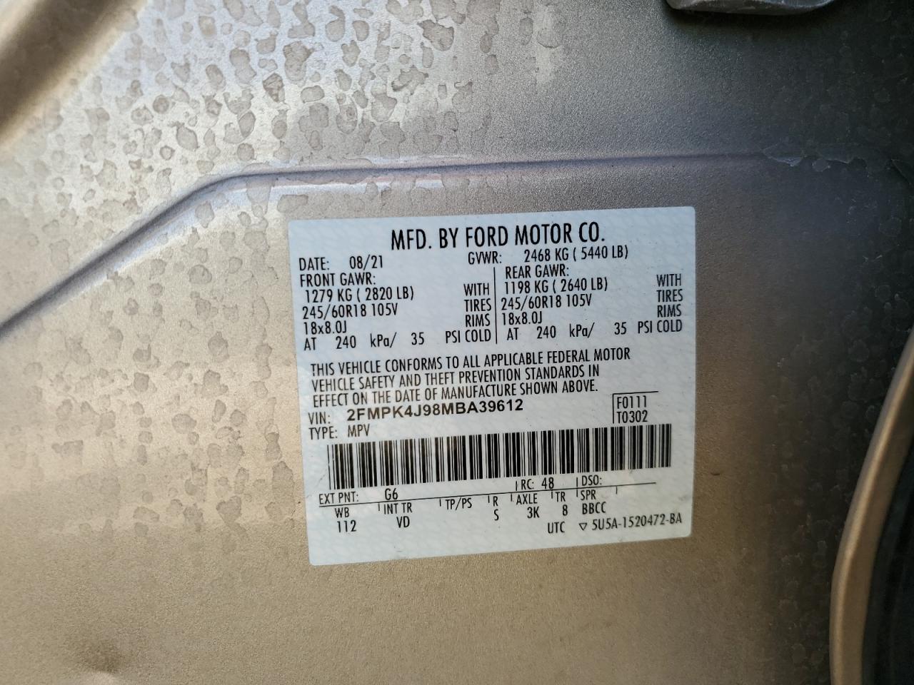 2021 Ford Edge Sel VIN: 2FMPK4J98MBA39612 Lot: 70485195