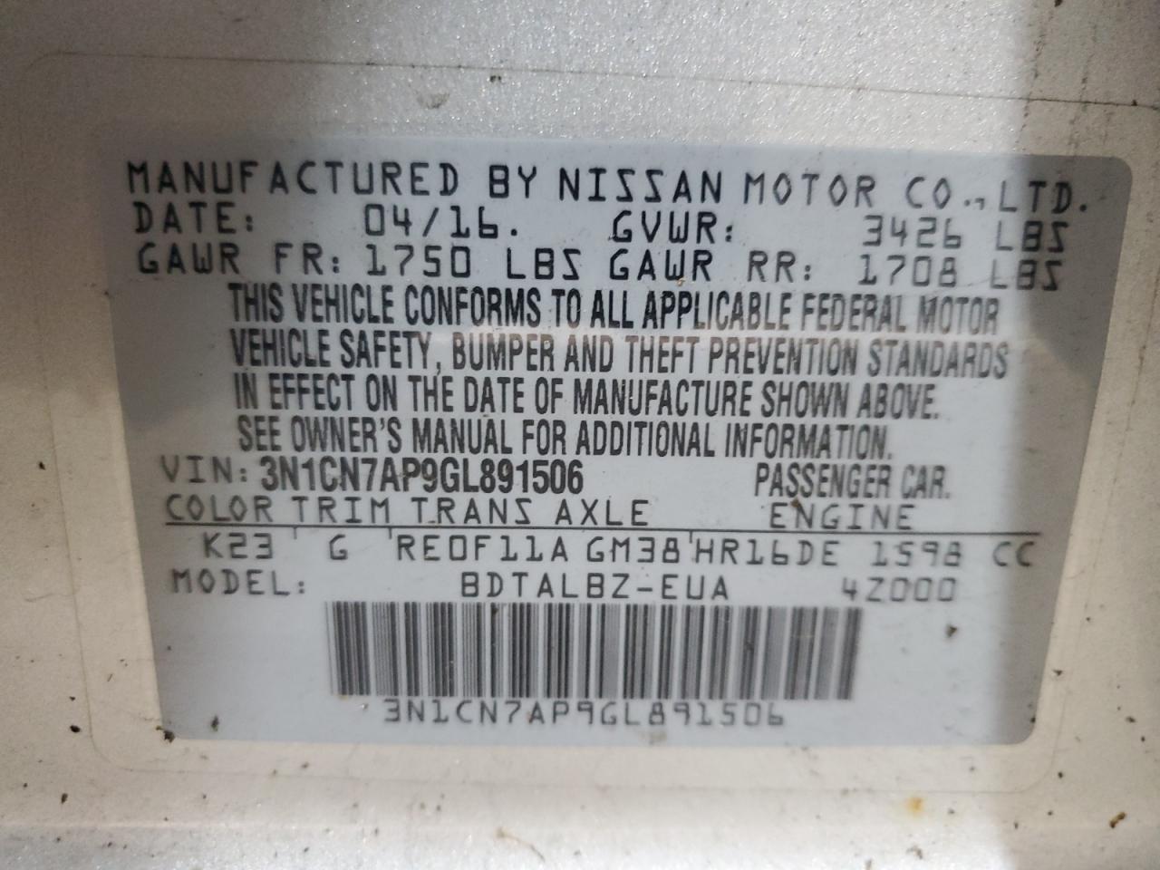 2016 Nissan Versa S VIN: 3N1CN7AP9GL891506 Lot: 67943885