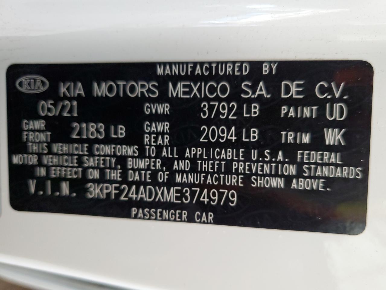 2021 Kia Forte Fe VIN: 3KPF24ADXME374979 Lot: 70566105