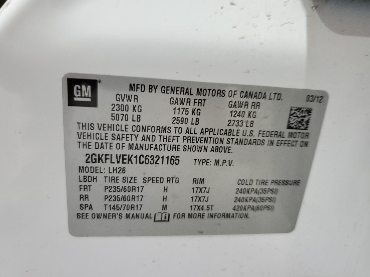 2012 GMC Terrain Slt VIN: 2GKFLVEK1C6321165 Lot: 69697305