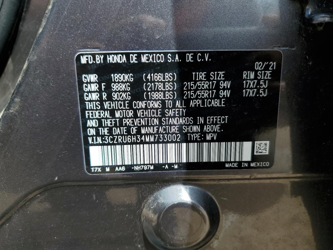 2021 Honda Hr-V Lx VIN: 3CZRU6H34MM733002 Lot: 69816255