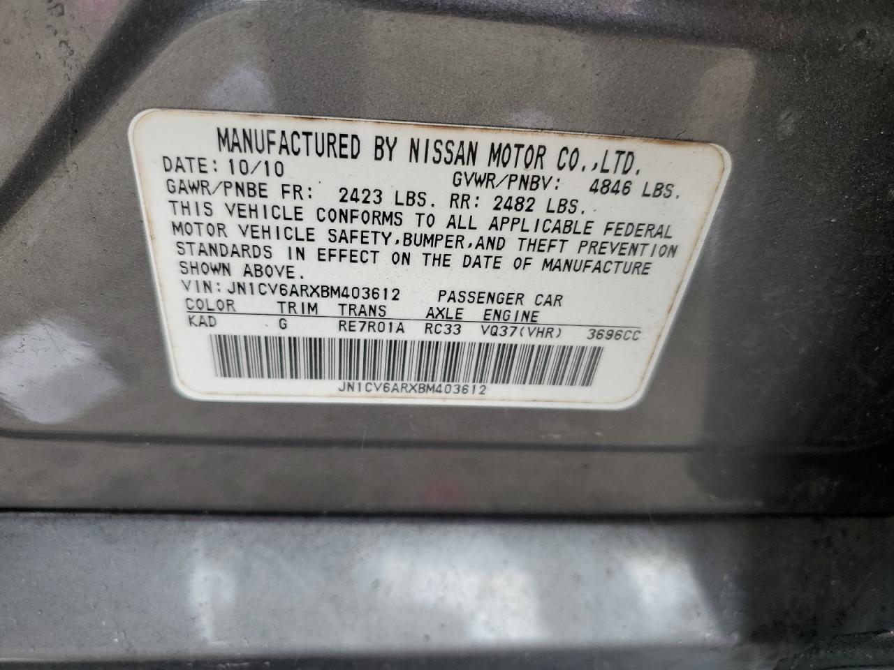 2011 Infiniti G37 VIN: JN1CV6ARXBM403612 Lot: 71065095