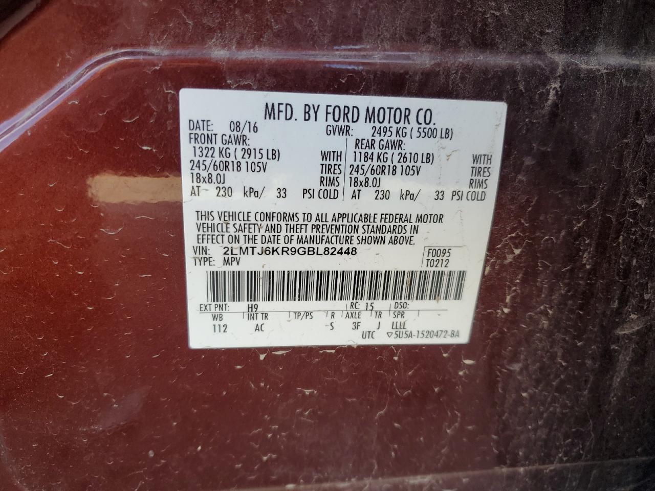2016 Lincoln Mkx Select VIN: 2LMTJ6KR9GBL82448 Lot: 68951195