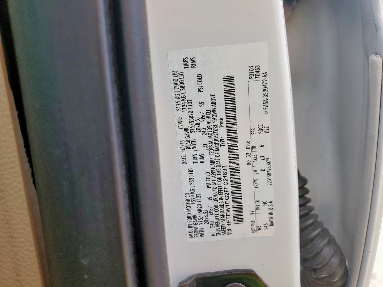 2015 Ford F150 Supercrew VIN: 1FTEW1EG2FFC21833 Lot: 67234955