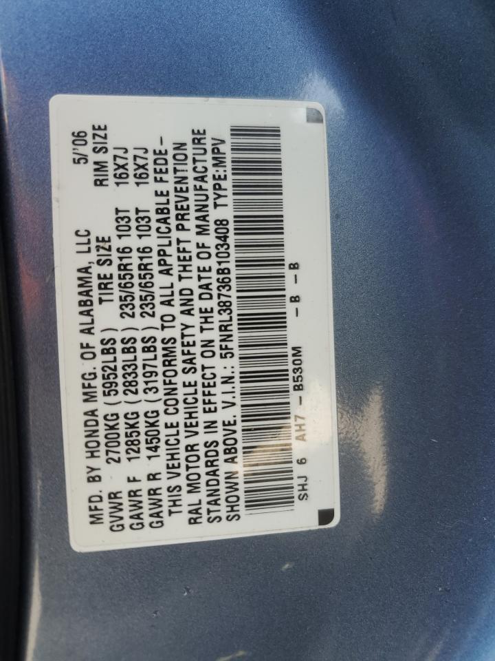 2006 Honda Odyssey Exl VIN: 5FNRL38736B103408 Lot: 68575045