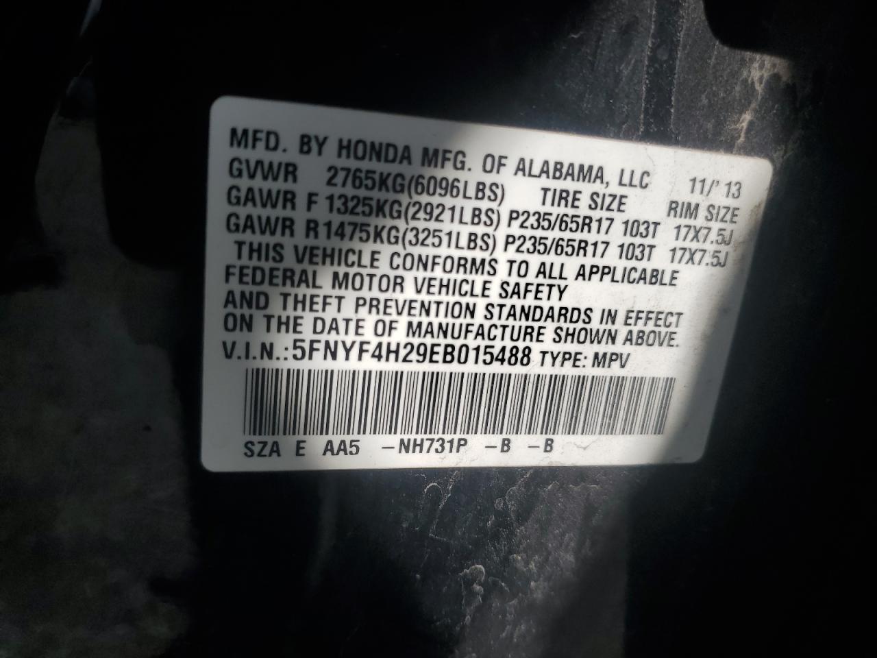 2014 Honda Pilot Lx VIN: 5FNYF4H29EB015488 Lot: 69835925