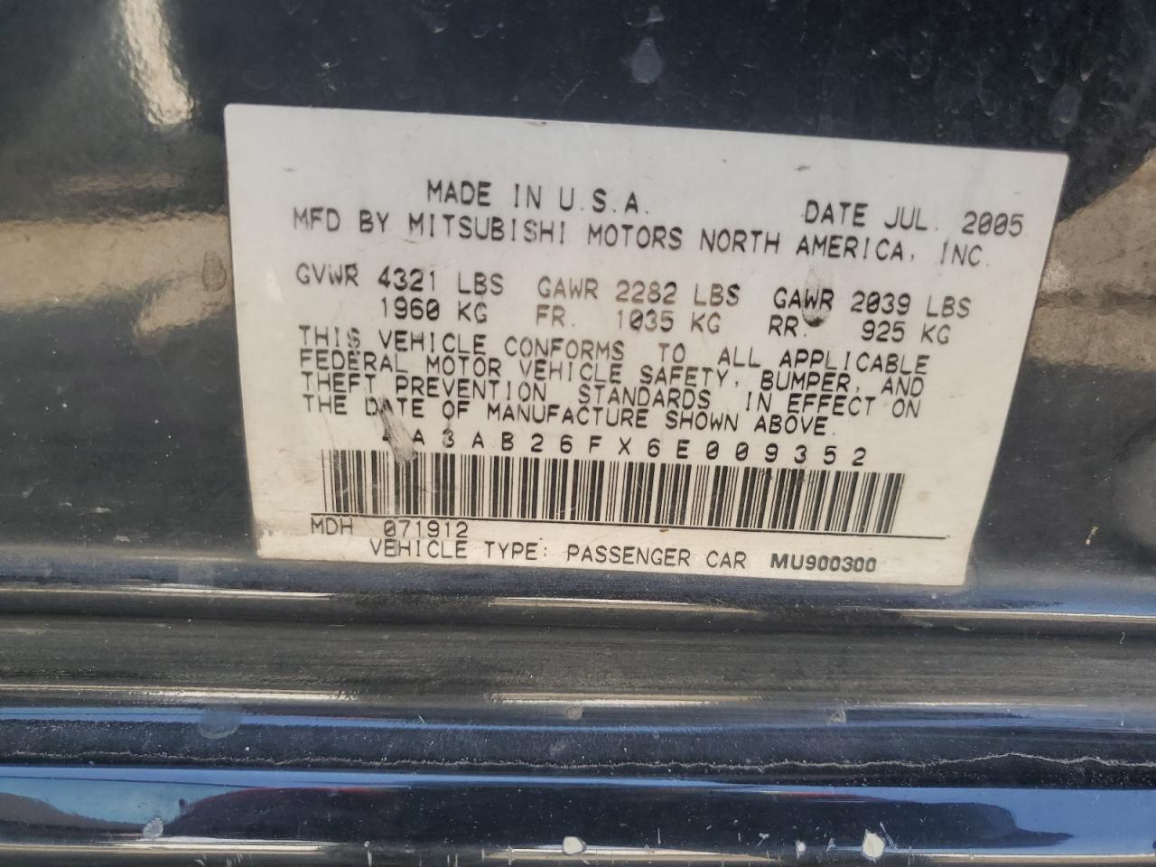 2006 Mitsubishi Galant De VIN: 4A3AB26FX6E009352 Lot: 68185785