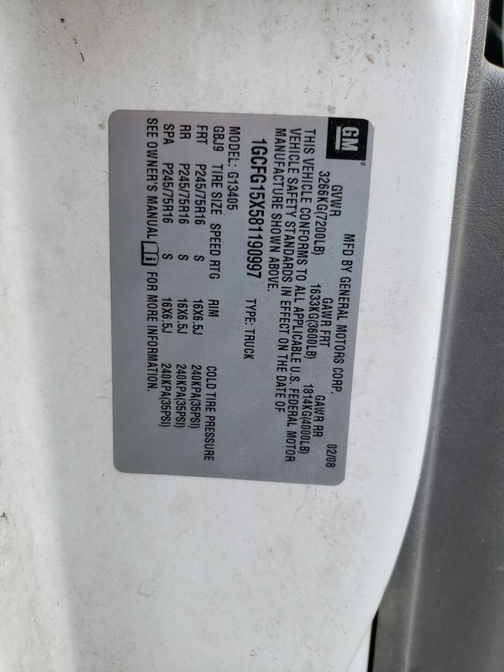 2008 Chevrolet Express G1500 VIN: 1GCFG15X581190997 Lot: 58058664