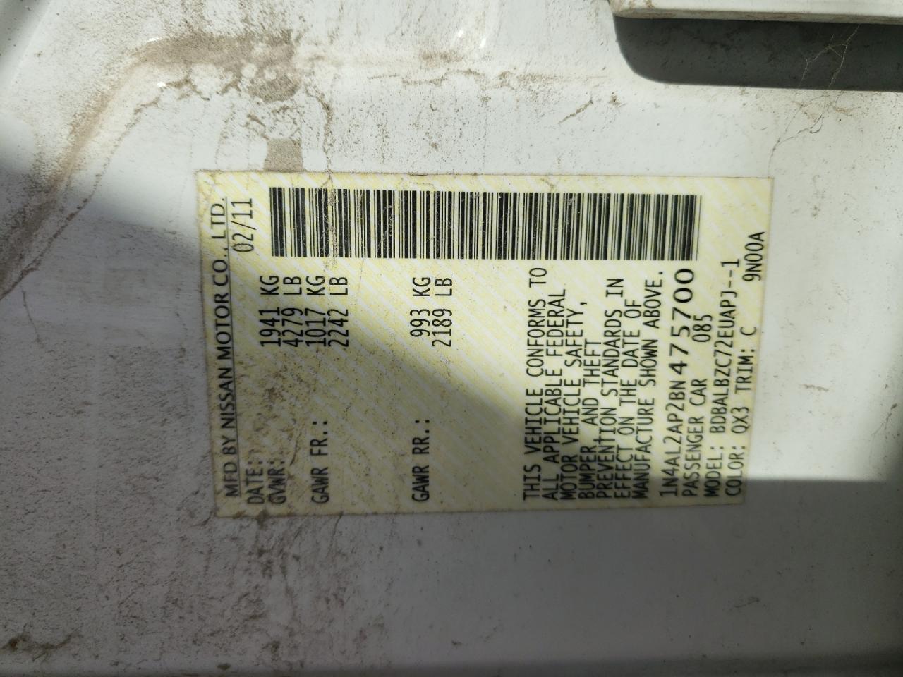 1N4AL2AP2BN475700 2011 Nissan Altima Base