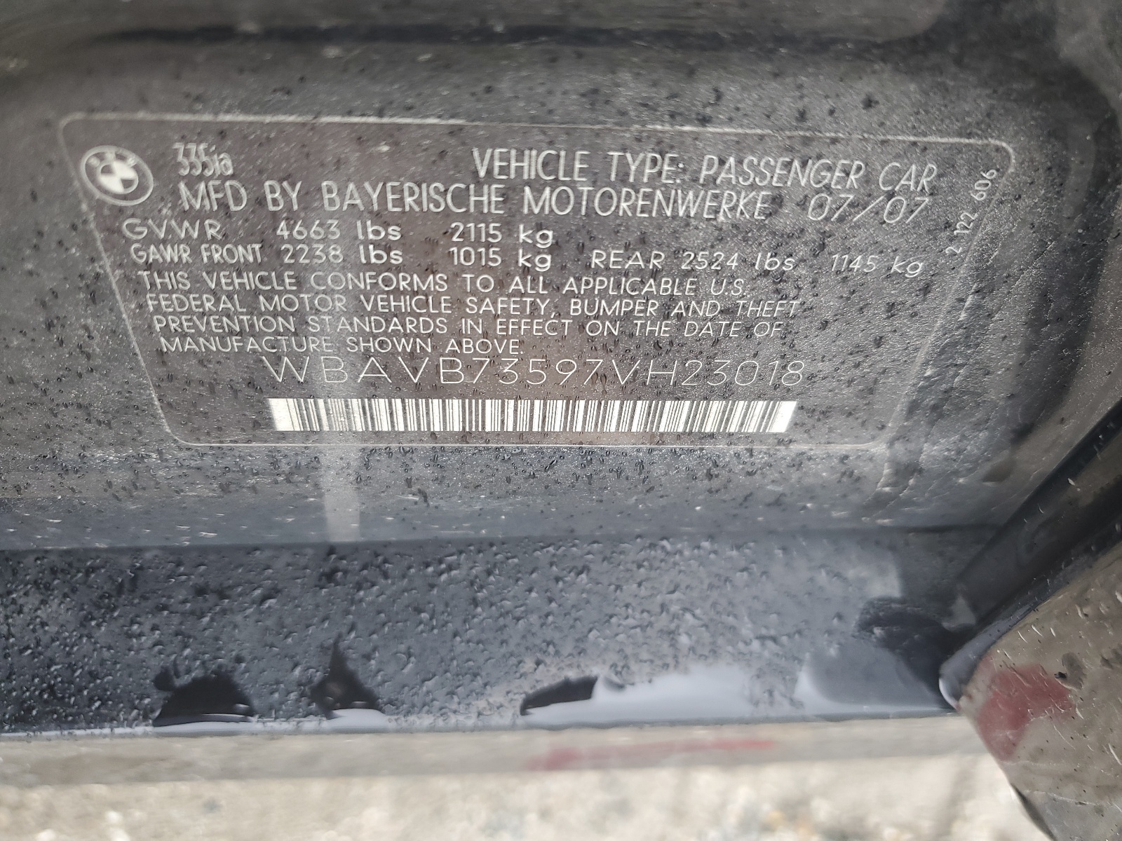 WBAVB73597VH23018 2007 BMW 335 I