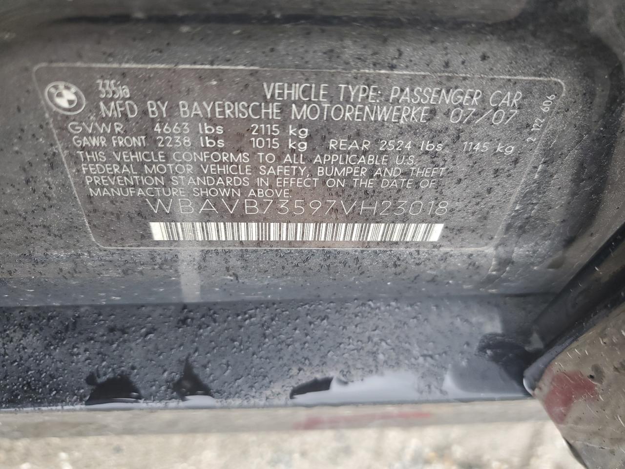 2007 BMW 335 I VIN: WBAVB73597VH23018 Lot: 57154954