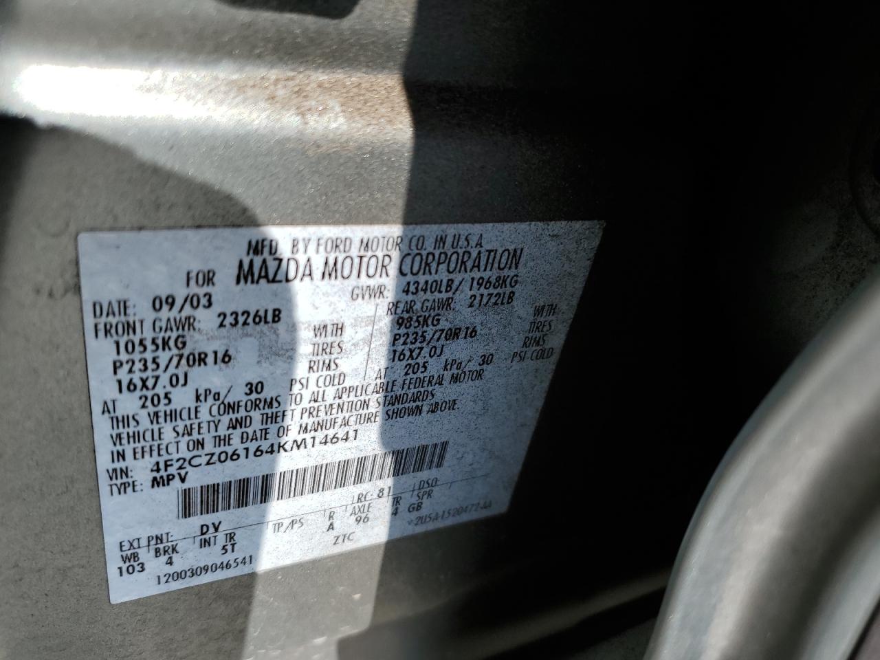 2004 Mazda Tribute Es VIN: 4F2CZ06164KM14641 Lot: 52571104