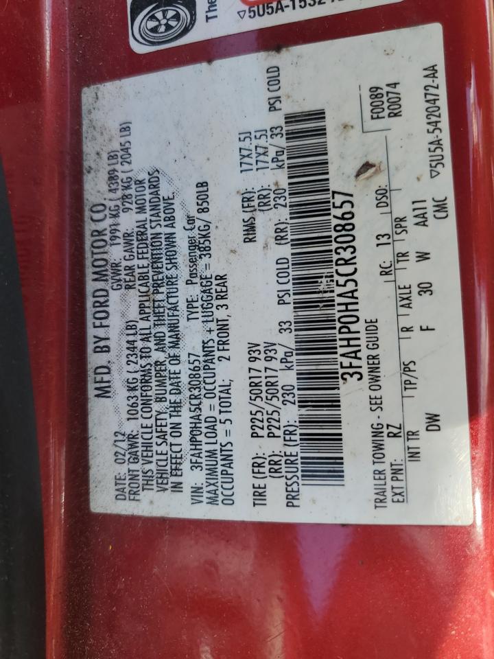 2012 Ford Fusion Se VIN: 3FAHP0HA5CR308657 Lot: 66430743