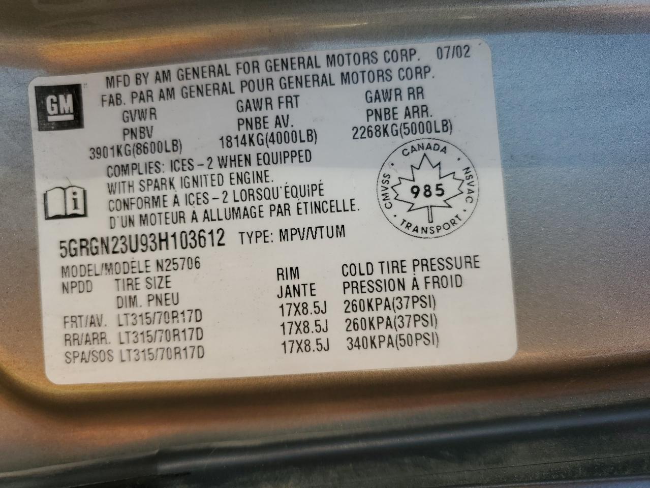 2003 Hummer H2 VIN: 5GRGN23U93H103612 Lot: 66247413