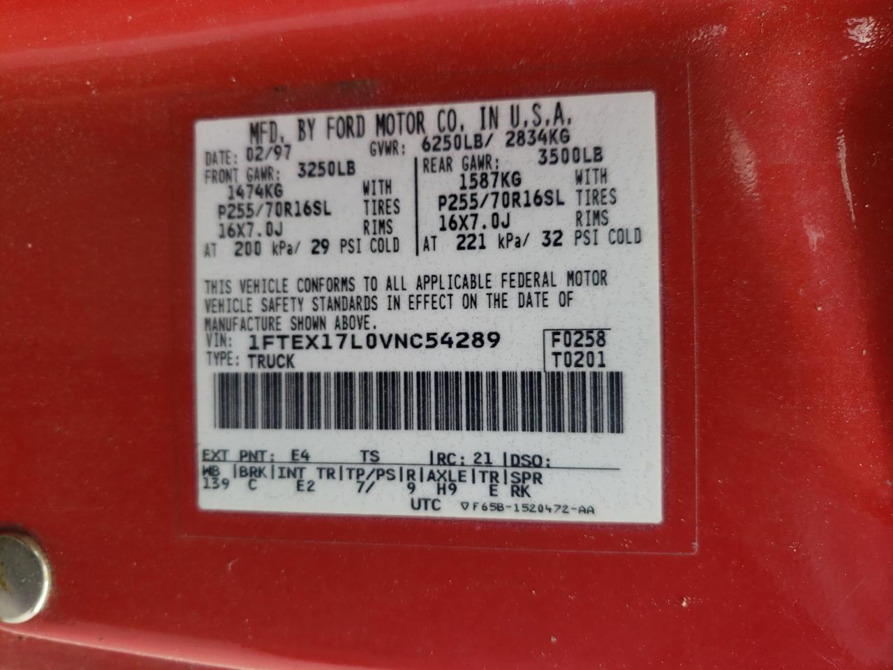 1997 Ford F150 VIN: 1FTEX17L0VNC54289 Lot: 69808183