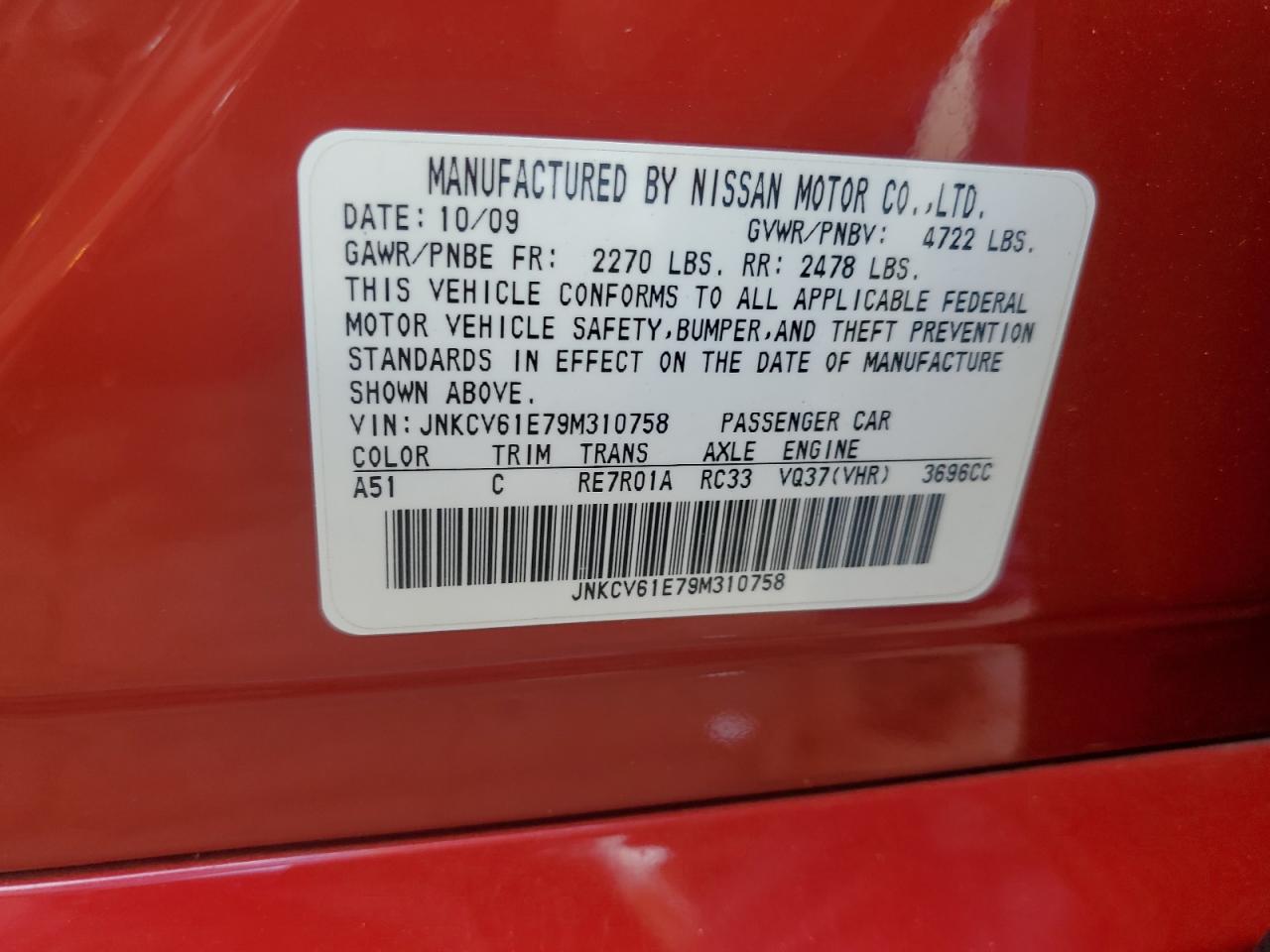 2009 Infiniti G37 Base VIN: JNKCV61E79M310758 Lot: 67568023