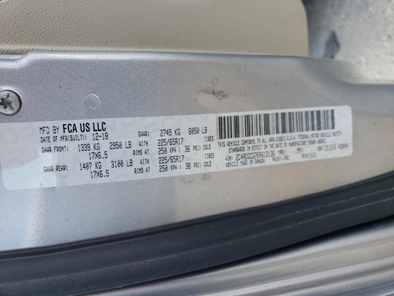 2019 Dodge Grand Caravan Sxt VIN: 2C4RDGCG7KR612136 Lot: 67239593