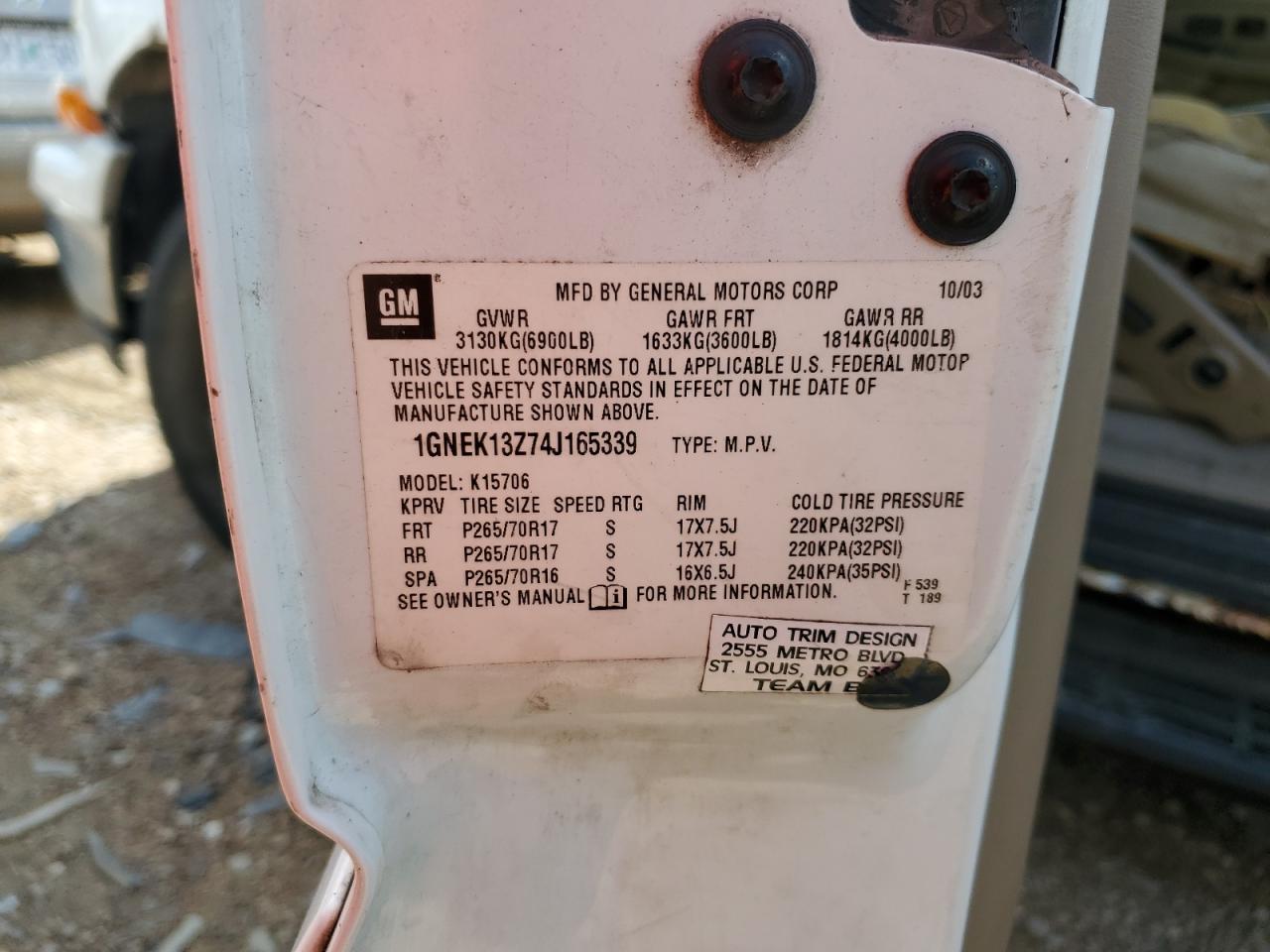 2004 Chevrolet Tahoe K1500 VIN: 1GNEK13Z74J165339 Lot: 78412014