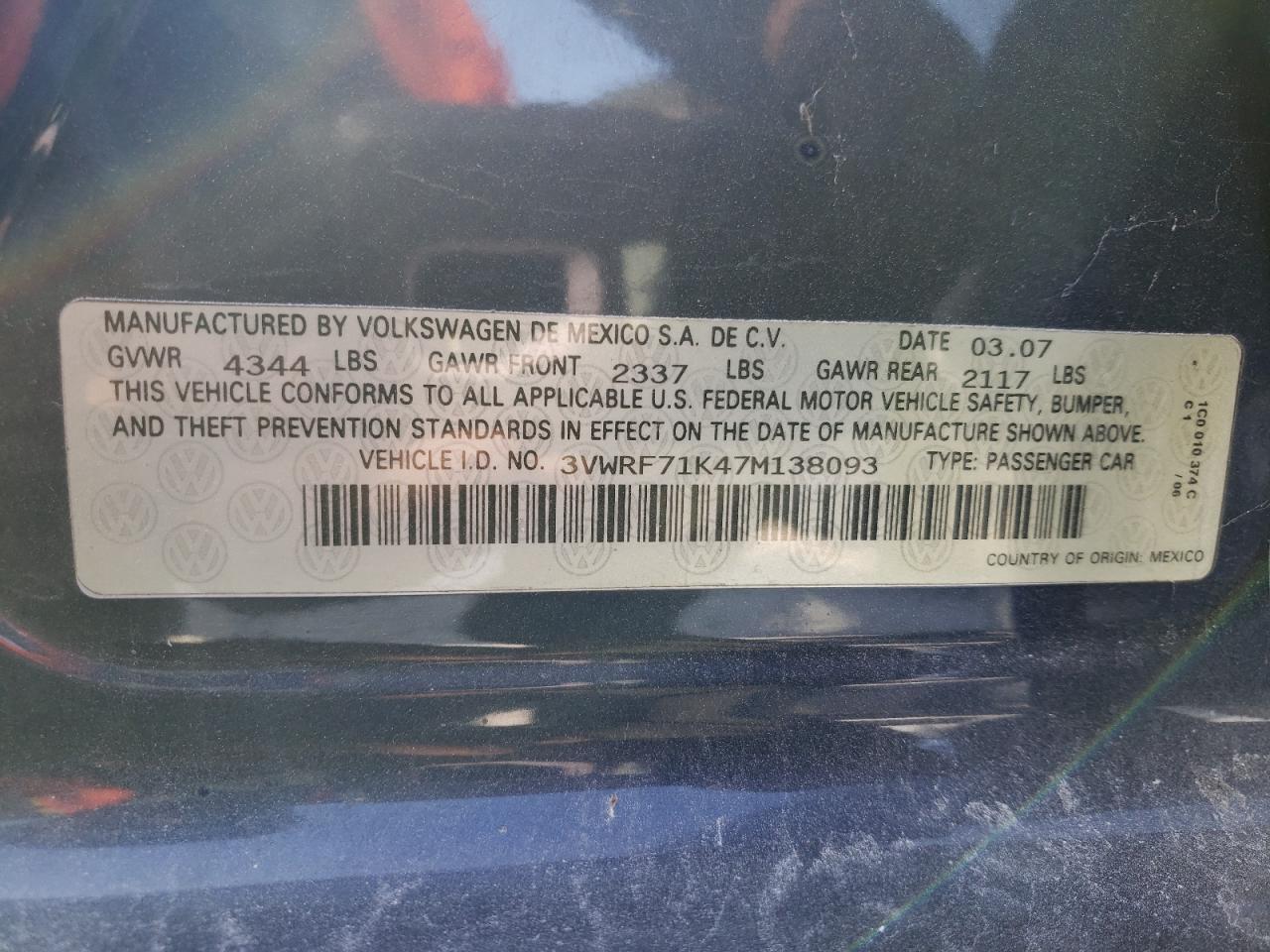 2007 Volkswagen Jetta 2.5 Option Package 1 VIN: 3VWRF71K47M138093 Lot: 66622893