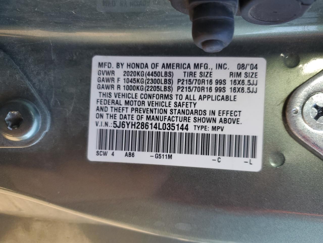 2004 Honda Element Ex VIN: 5J6YH28614L035144 Lot: 79692443