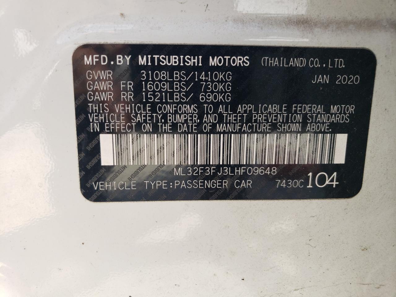 ML32F3FJ3LHF09648 2020 Mitsubishi Mirage G4 Es