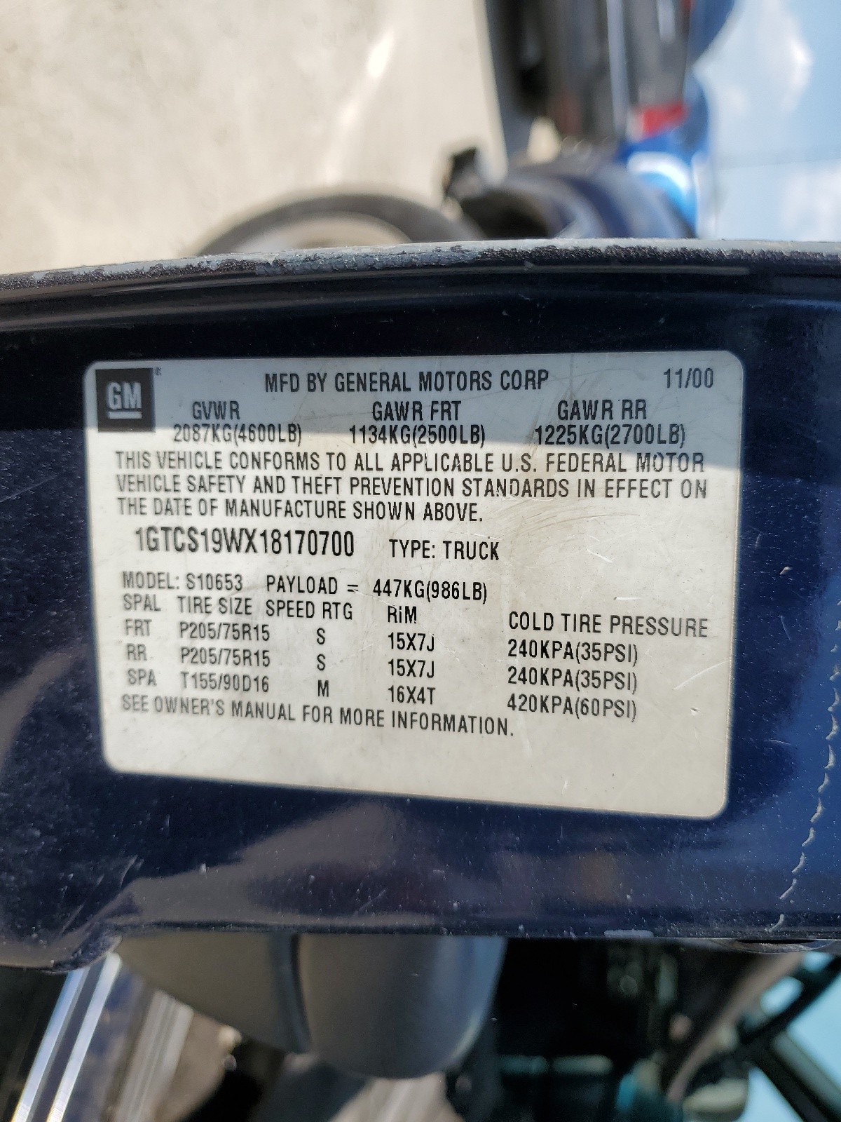 1GTCS19WX18170700 2001 GMC Sonoma