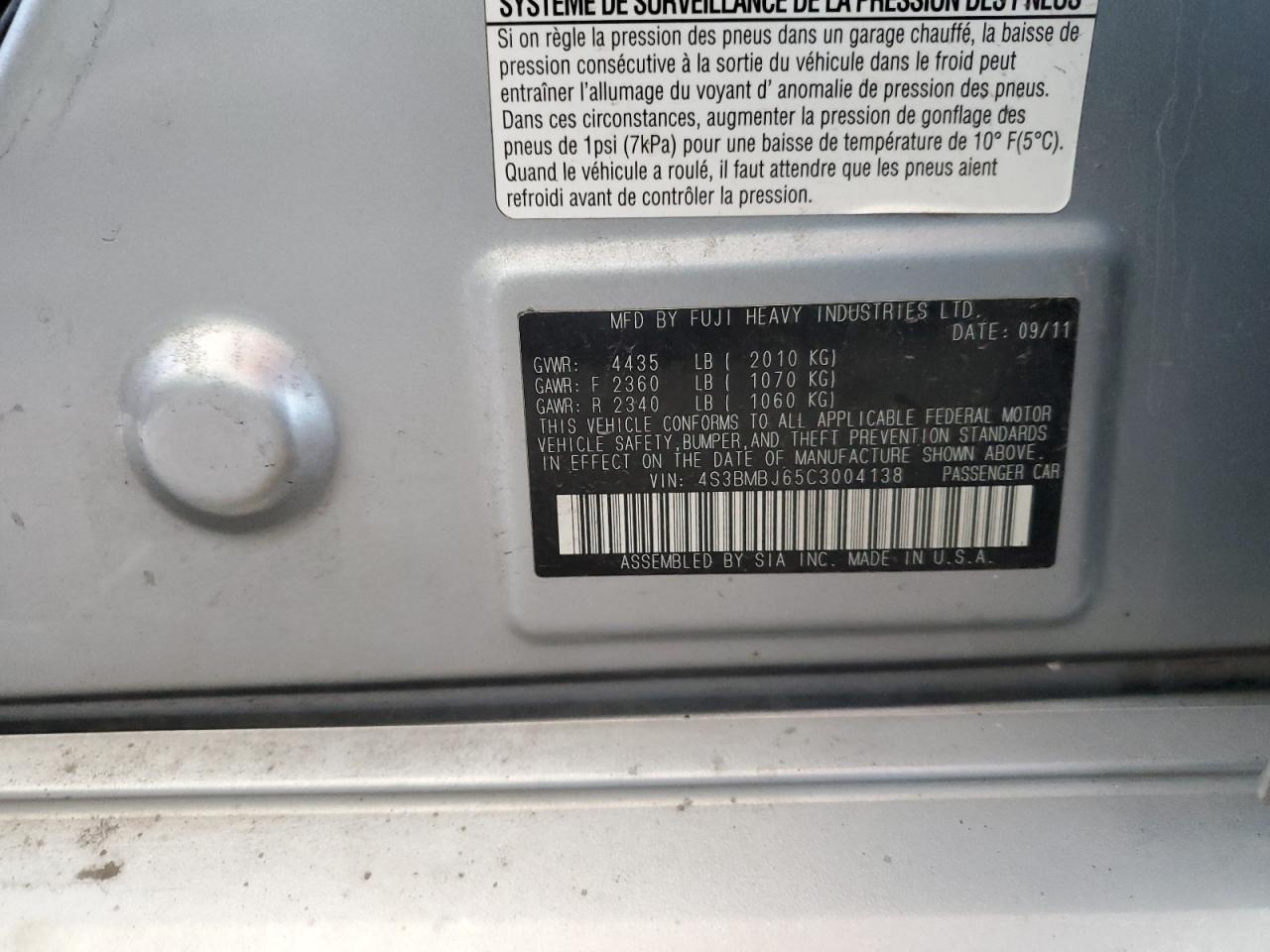 2012 Subaru Legacy 2.5I Limited VIN: 4S3BMBJ65C3004138 Lot: 68126943