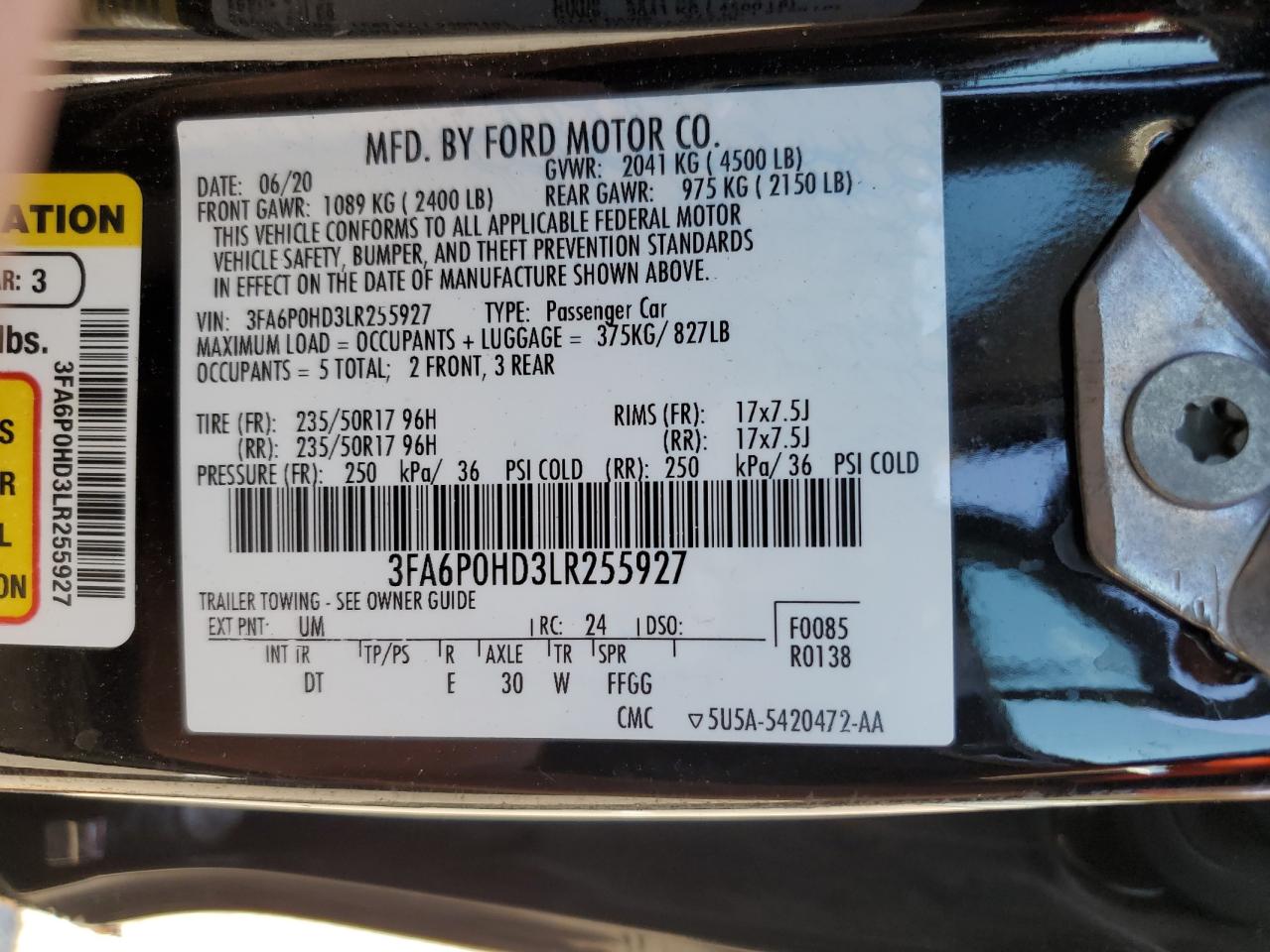 2020 Ford Fusion Se VIN: 3FA6P0HD3LR255927 Lot: 68830613