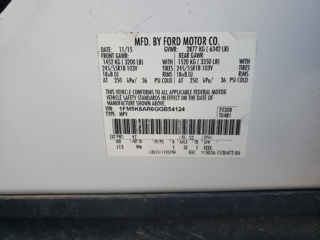 2016 Ford Explorer Police Interceptor VIN: 1FM5K8AR6GGB54124 Lot: 68552583