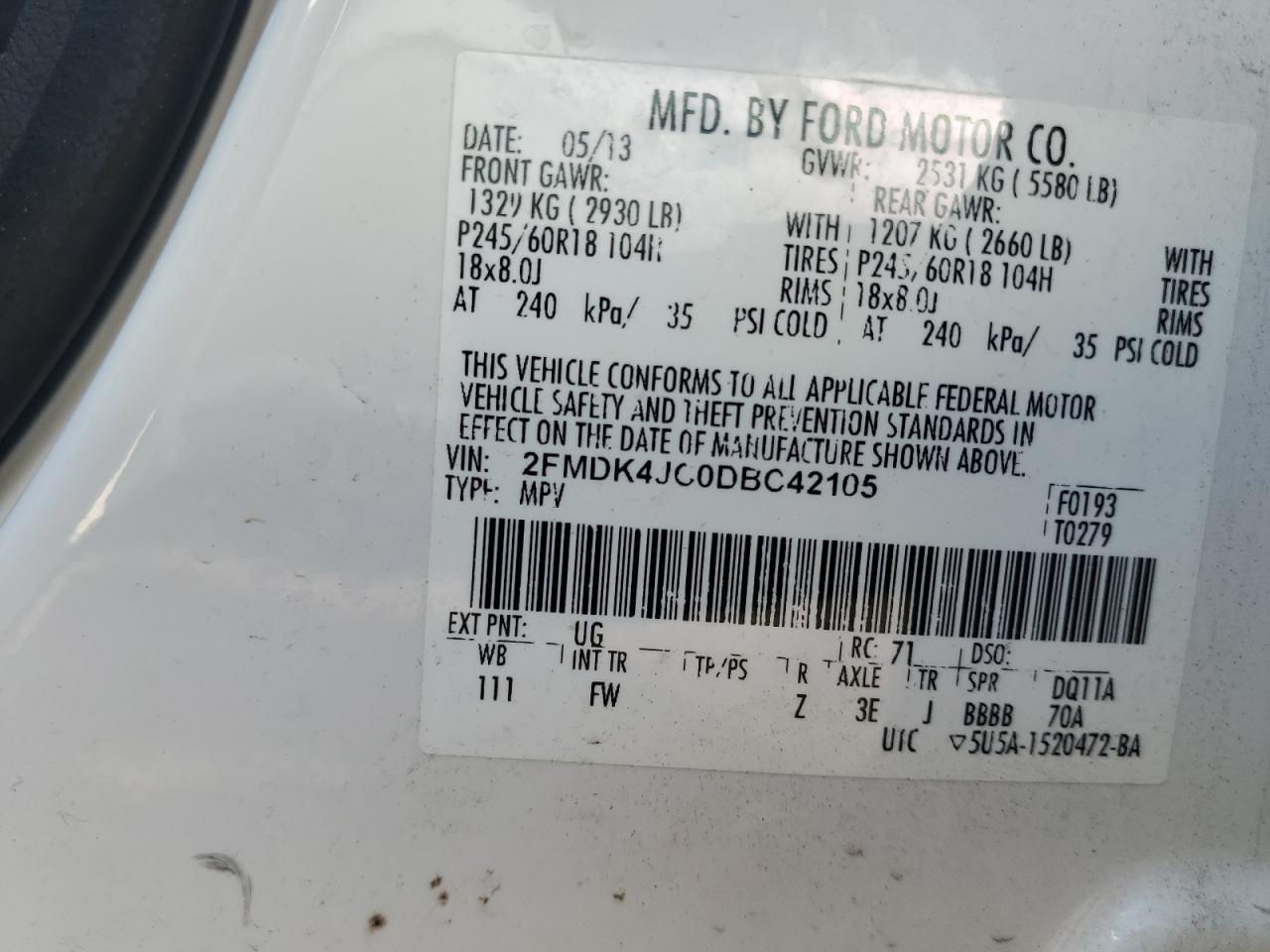 2013 Ford Edge Sel VIN: 2FMDK4JC0DBC42105 Lot: 80747905