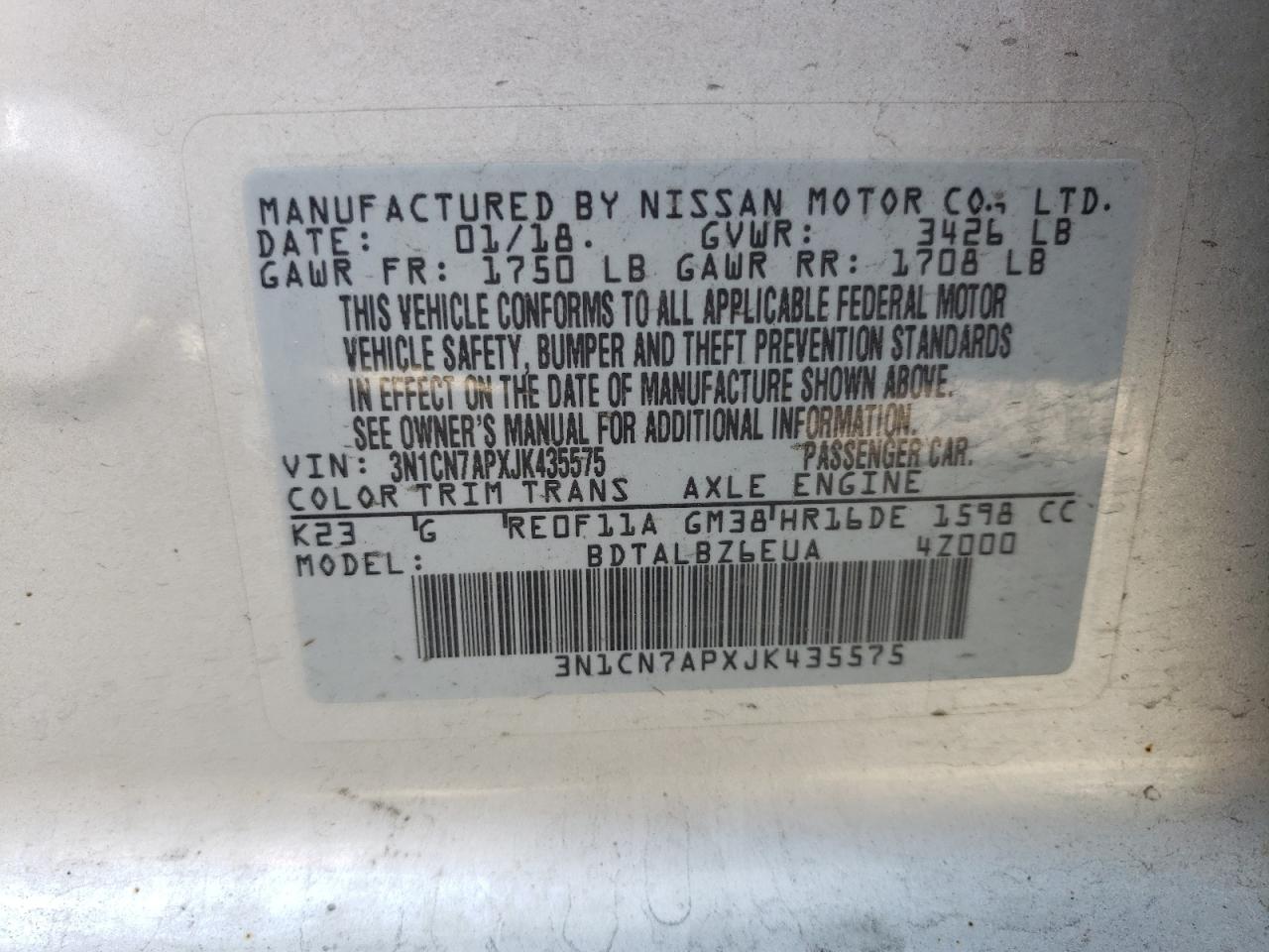 3N1CN7APXJK435575 2018 Nissan Versa S