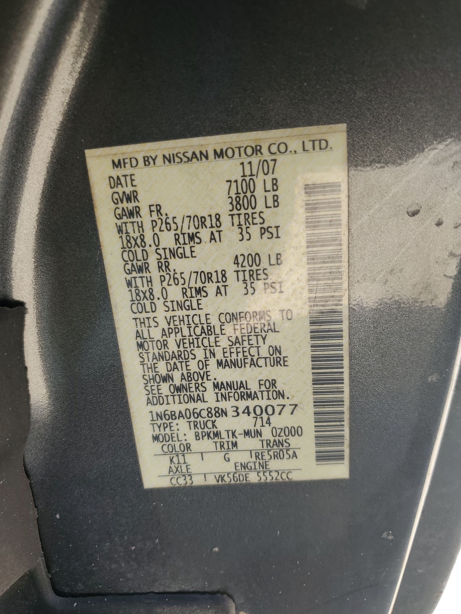 1N6BA06C88N340077 2008 Nissan Titan Xe