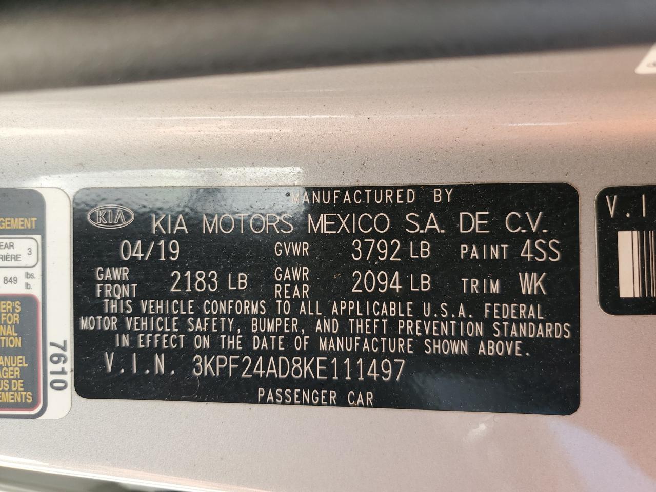 VIN 3KPF24AD8KE111497 2019 KIA FORTE no.12